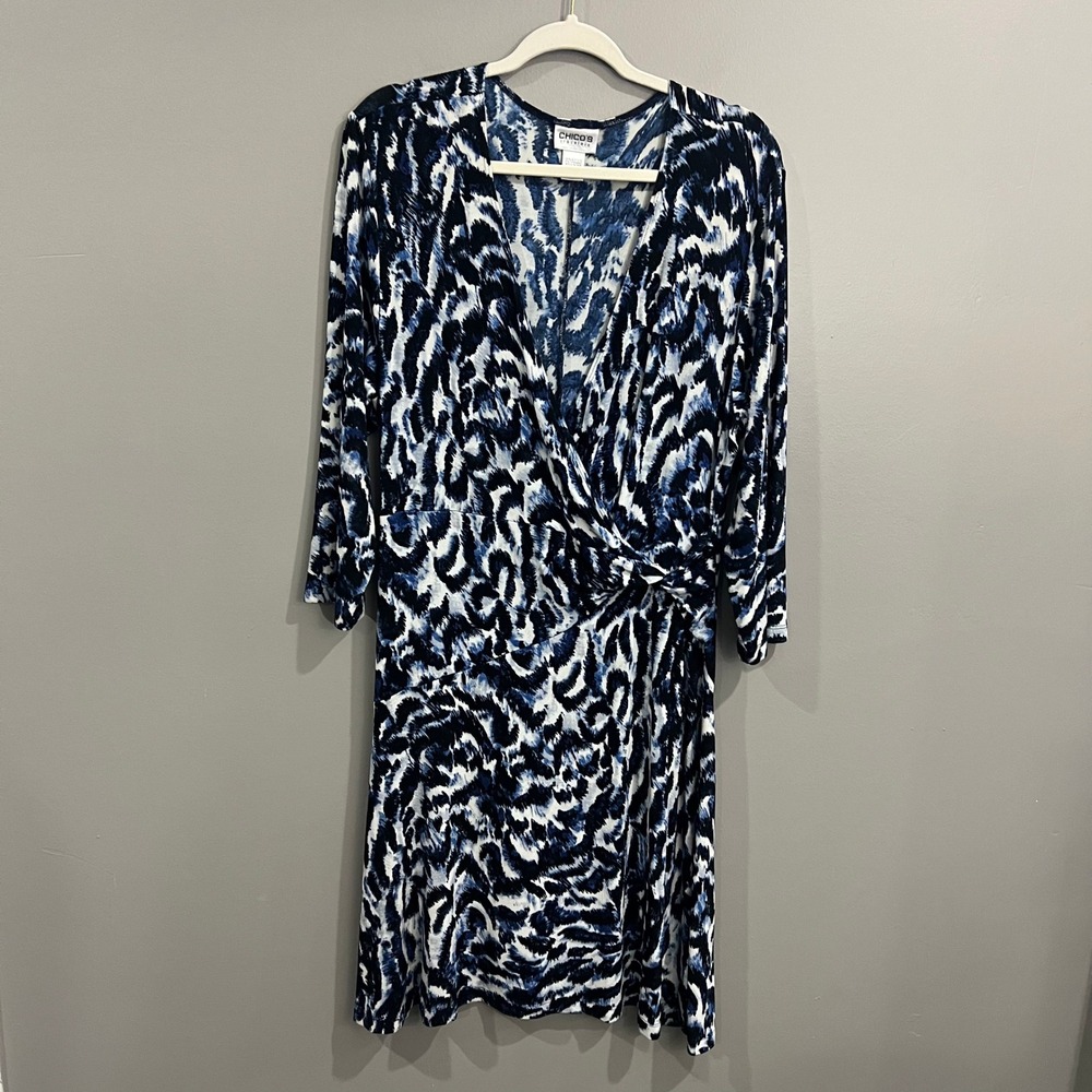 Chico's Travelers Wrap Dress Womens 3 Blue Black Abstract Print Great Knit Midi